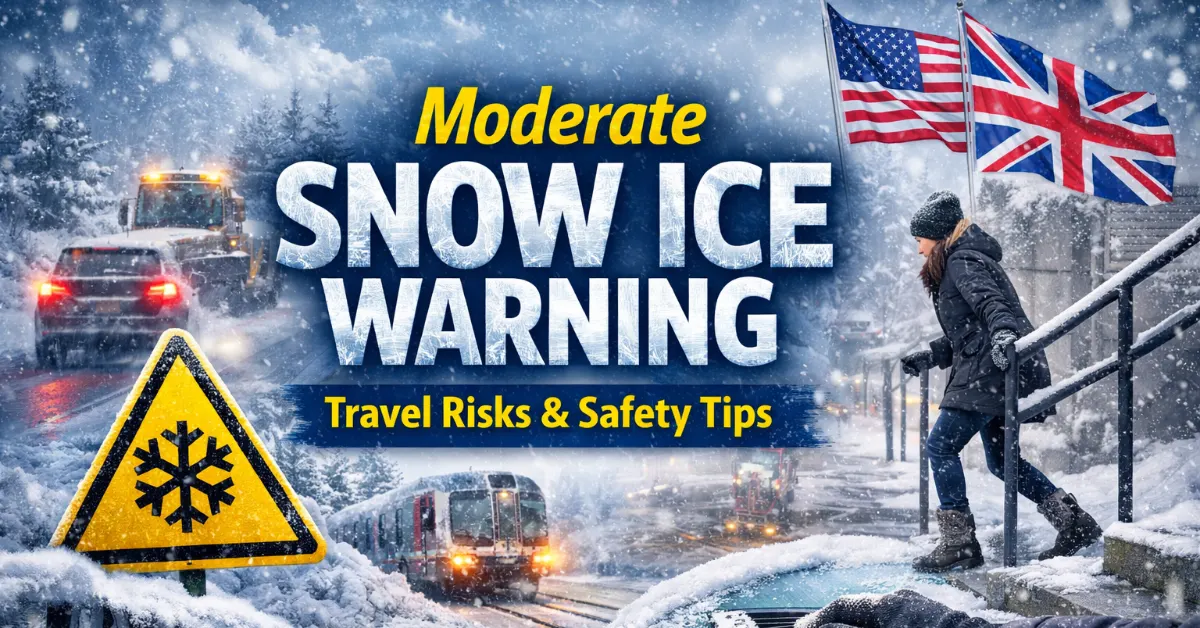 Moderate snow ice warning feature image showing icy road, snowplough, pedestrian on snowy steps, train in snowfall, and UK and US flags highlighting winter travel risks and safety tips.