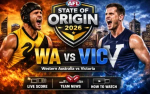 AFL State of Origin 2026 WA vs VIC feature image showing Western Australia vs Victoria clash with live score, team news and match preview