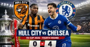 Hull City vs Chelsea FA Cup 2026 fourth round match graphic showing final score 0-4 with Pedro Neto celebrating and MKM Stadium background