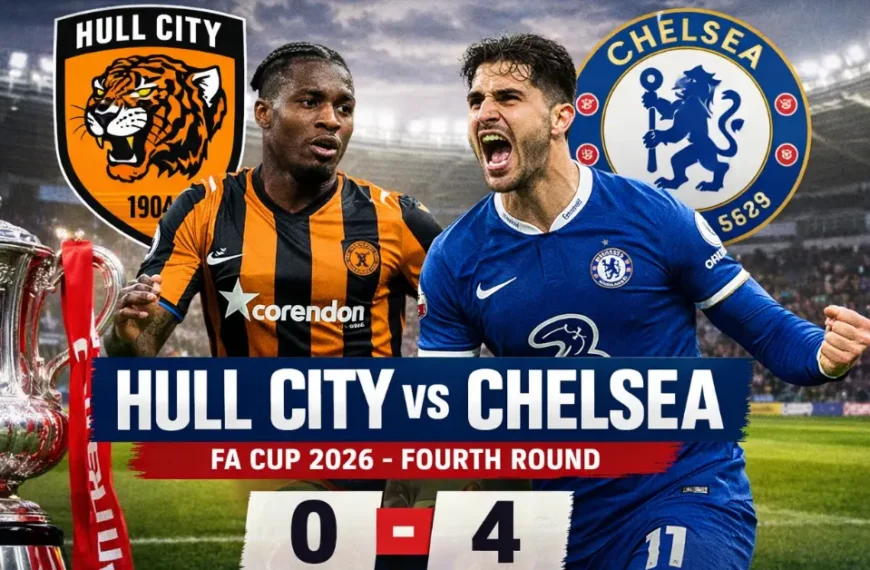 Hull City vs Chelsea FA Cup 2026 fourth round match graphic showing final score 0-4 with Pedro Neto celebrating and MKM Stadium background