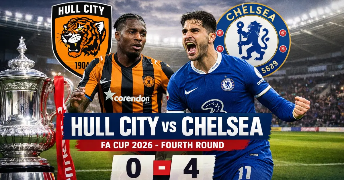 Hull City vs Chelsea FA Cup 2026 fourth round match graphic showing final score 0-4 with Pedro Neto celebrating and MKM Stadium background