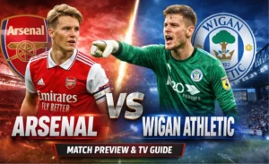 Arsenal vs Wigan Athletic match preview graphic showing Arsenal player in red kit and Wigan goalkeeper in green kit with stadium background and bold VS text.