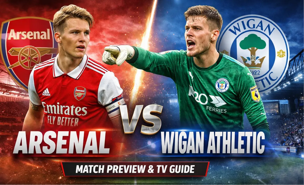 Arsenal vs Wigan Athletic match preview graphic showing Arsenal player in red kit and Wigan goalkeeper in green kit with stadium background and bold VS text.