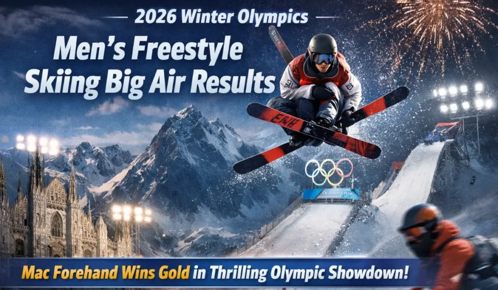 2026 Winter Olympics Men’s Freestyle Skiing Big Air Results featuring Mac Forehand during the gold medal performance in Milan-Cortina.