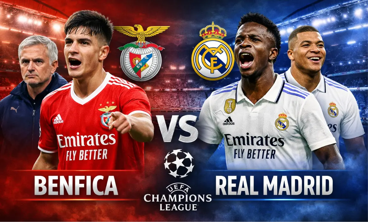 Benfica vs Real Madrid match graphic showing Prestianni and Mourinho on Benfica side, Vinícius Jr and Mbappé on Real Madrid side, with VS sign and Champions League logo.