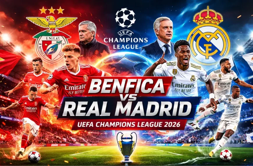 Benfica vs Real Madrid UEFA Champions League 2026 match poster featuring Prestianni, Vinícius Jr, and managers Mourinho and Ancelotti in action, stadium background, with bold match title.