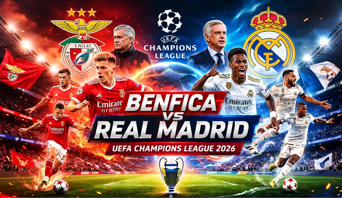 Benfica vs Real Madrid UEFA Champions League 2026 match poster featuring Prestianni, Vinícius Jr, and managers Mourinho and Ancelotti in action, stadium background, with bold match title.