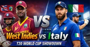 West Indies vs Italy Match T20 World Cup cricket graphic showing team comparison and scorecard analysis