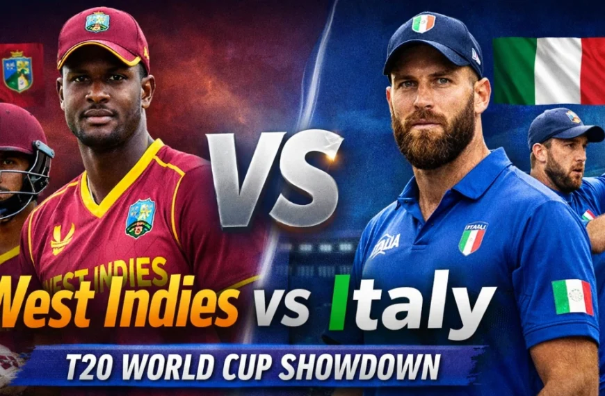 West Indies vs Italy Match T20 World Cup cricket graphic showing team comparison and scorecard analysis