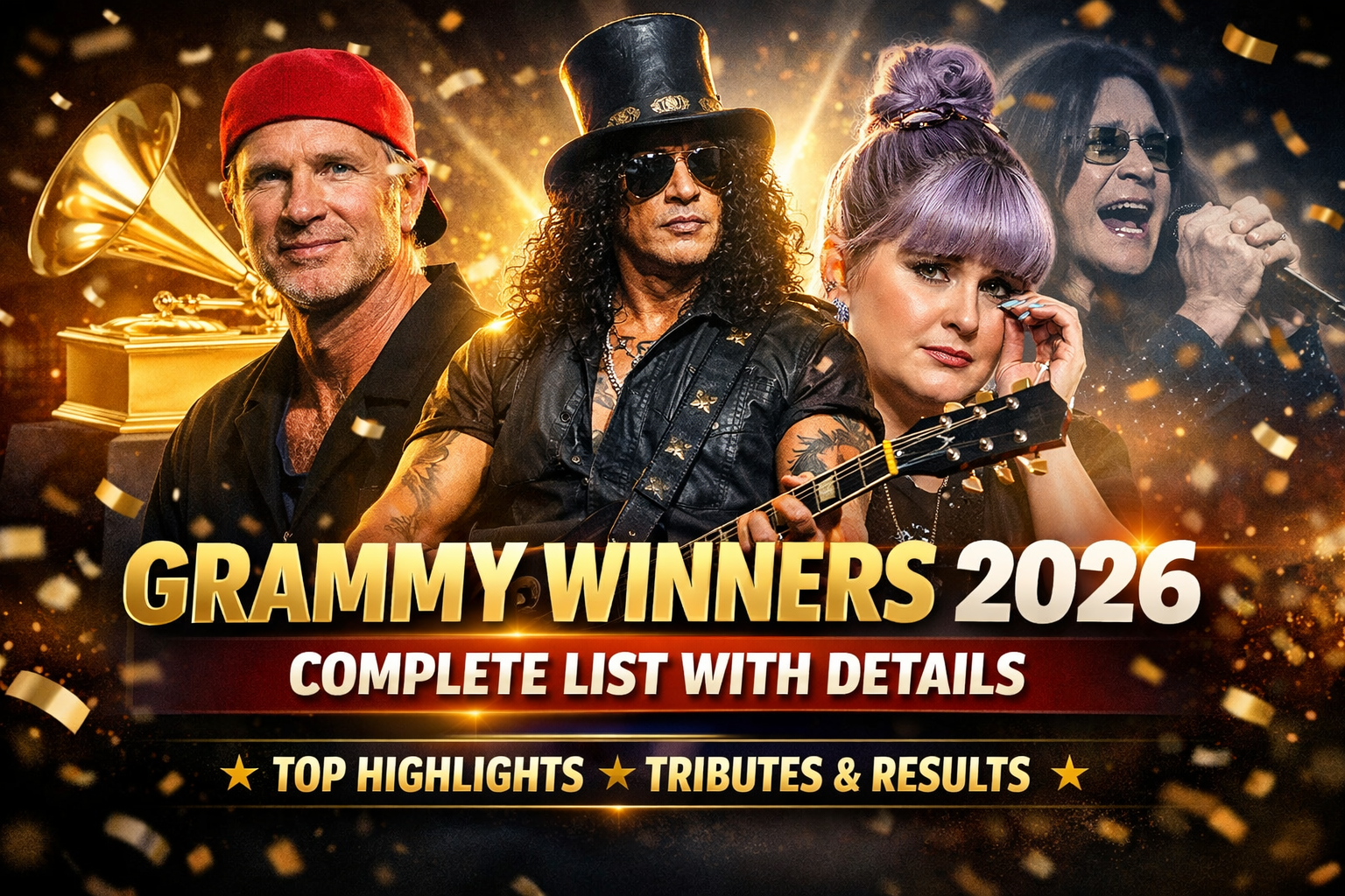Grammy winners 2026 complete list with details featuring Ozzy Osbourne tribute, Slash, Chad Smith and major highlights