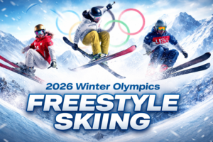 Freestyle skiing athletes performing mid air tricks at the 2026 Winter Olympics with snowy mountains and Olympic rings in the background.
