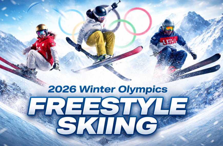 Freestyle skiing athletes performing mid air tricks at the 2026 Winter Olympics with snowy mountains and Olympic rings in the background.