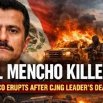 Feature image showing Mexican drug lord El Mencho with military forces and cartel violence in the background. Headline text reads “El Mencho Killed: Mexico Erupts After CJNG Leader’s Death.” Designed for news article on CJNG retaliation and Mexico security update.