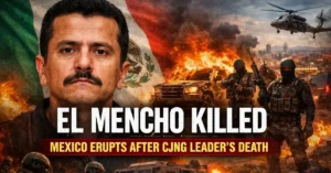 Feature image showing Mexican drug lord El Mencho with military forces and cartel violence in the background. Headline text reads “El Mencho Killed: Mexico Erupts After CJNG Leader’s Death.” Designed for news article on CJNG retaliation and Mexico security update.