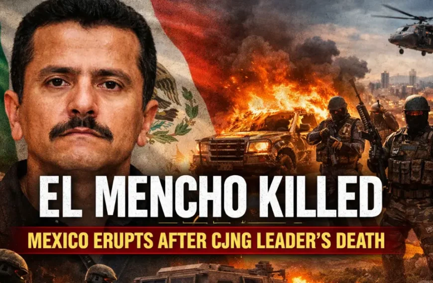 Feature image showing Mexican drug lord El Mencho with military forces and cartel violence in the background. Headline text reads “El Mencho Killed: Mexico Erupts After CJNG Leader’s Death.” Designed for news article on CJNG retaliation and Mexico security update.