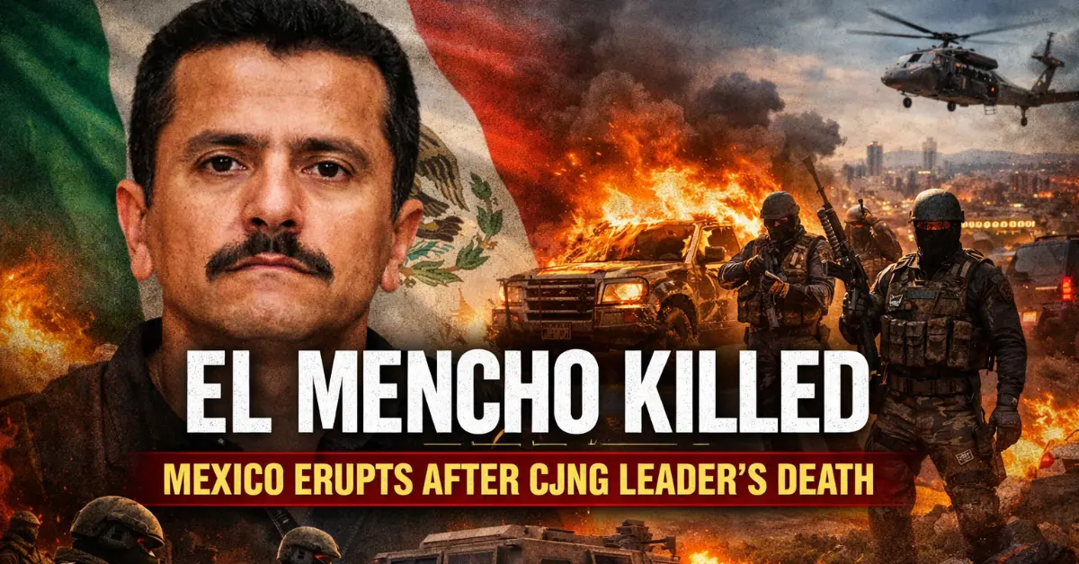 Feature image showing Mexican drug lord El Mencho with military forces and cartel violence in the background. Headline text reads “El Mencho Killed: Mexico Erupts After CJNG Leader’s Death.” Designed for news article on CJNG retaliation and Mexico security update.