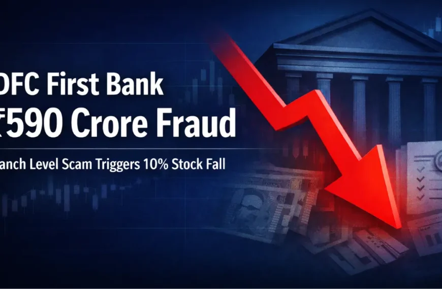 Digital news banner with centered headline about IDFC First Bank update and financial news announcement