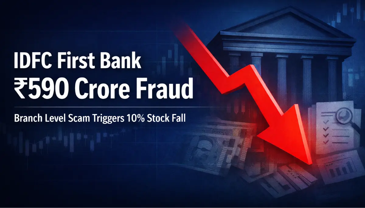 Digital news banner with centered headline about IDFC First Bank update and financial news announcement