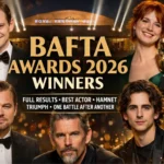 BAFTA Awards 2026 Winners at Royal Festival Hall featuring Robert Aramayo and Jessie Buckley holding BAFTA trophies with golden spotlight background