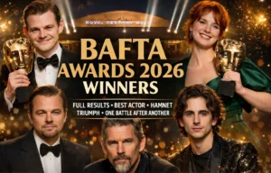 BAFTA Awards 2026 Winners at Royal Festival Hall featuring Robert Aramayo and Jessie Buckley holding BAFTA trophies with golden spotlight background