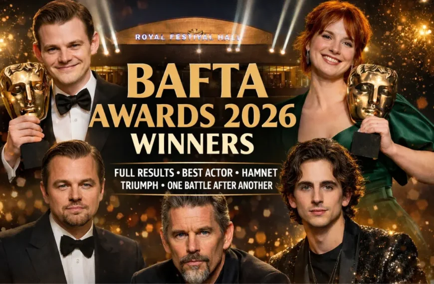BAFTA Awards 2026 Winners at Royal Festival Hall featuring Robert Aramayo and Jessie Buckley holding BAFTA trophies with golden spotlight background