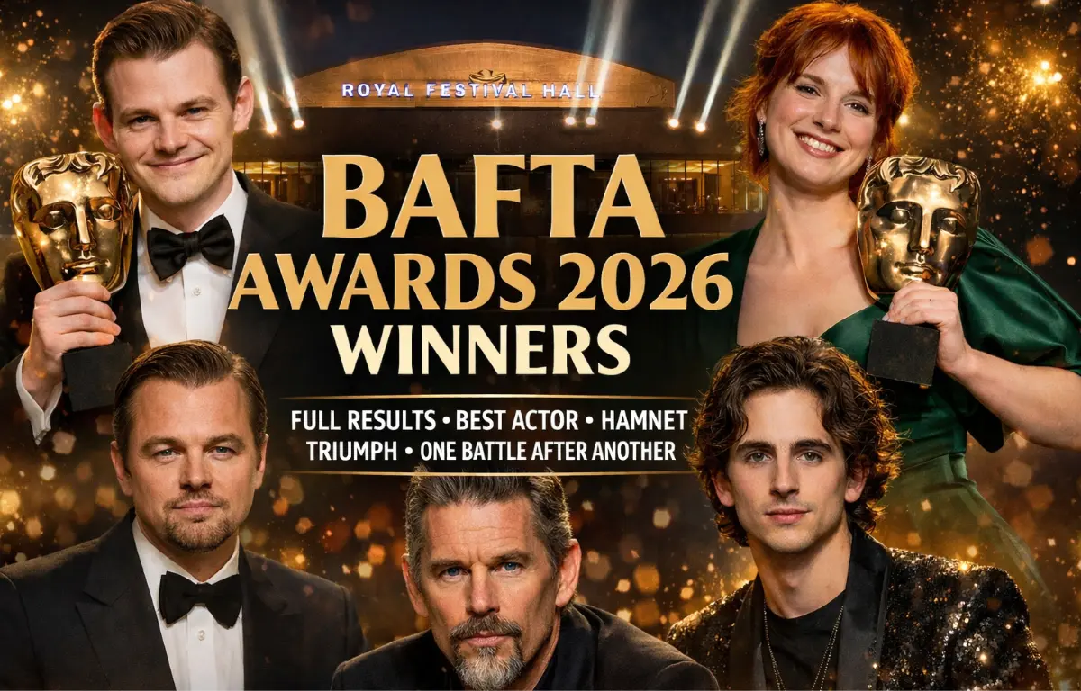 BAFTA Awards 2026 Winners at Royal Festival Hall featuring Robert Aramayo and Jessie Buckley holding BAFTA trophies with golden spotlight background