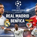 Real Madrid vs Benfica Champions League match graphic featuring Kylian Mbappé, Vinícius Jr, Rafa Silva and Aurélien Tchouaméni at Santiago Bernabéu Title Real Madrid vs Benfica – Champions League Showdown 2026 Caption Real Madrid defeat Benfica 2–1