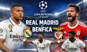 Real Madrid vs Benfica Champions League match graphic featuring Kylian Mbappé, Vinícius Jr, Rafa Silva and Aurélien Tchouaméni at Santiago Bernabéu Title Real Madrid vs Benfica – Champions League Showdown 2026 Caption Real Madrid defeat Benfica 2–1