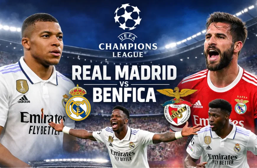 Real Madrid vs Benfica Champions League match graphic featuring Kylian Mbappé, Vinícius Jr, Rafa Silva and Aurélien Tchouaméni at Santiago Bernabéu Title Real Madrid vs Benfica – Champions League Showdown 2026 Caption Real Madrid defeat Benfica 2–1