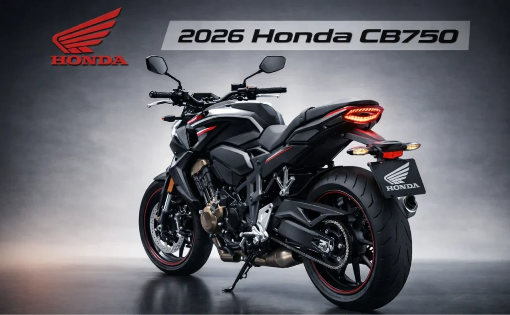 Honda CB750 2026 rear three quarter view showing LED tail light, sporty exhaust, and muscular naked bike design