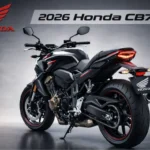 Honda CB750 2026 rear three quarter view showing LED tail light, sporty exhaust, and muscular naked bike design