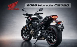 Honda CB750 2026 rear three quarter view showing LED tail light, sporty exhaust, and muscular naked bike design
