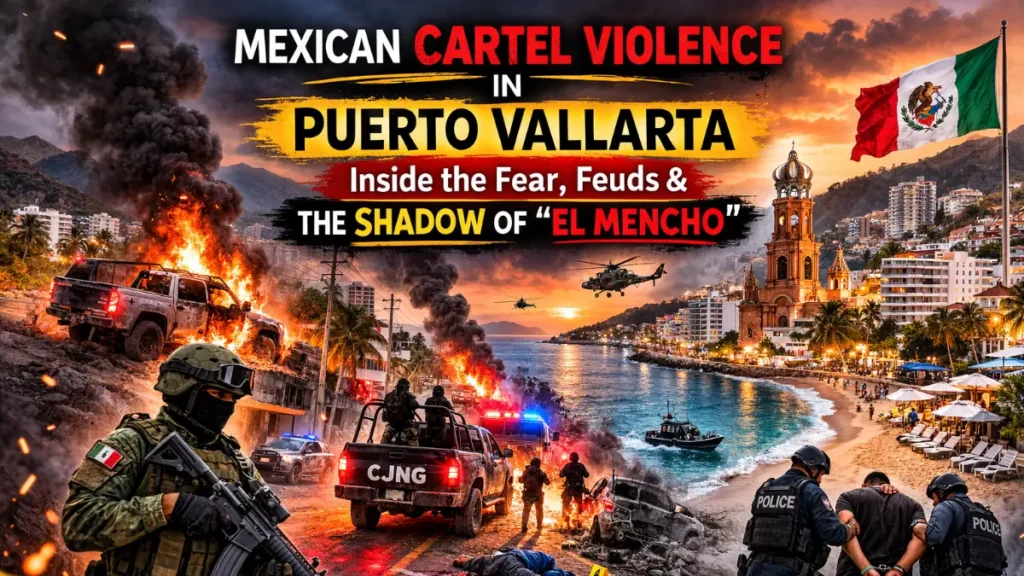 Mexican cartel violence in Puerto Vallarta showing armed security forces, burning vehicles, smoke over the coastal city skyline, and visible tension in tourist areas during cartel conflict.