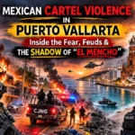 Mexican cartel violence in Puerto Vallarta showing armed security forces, burning vehicles, smoke over the coastal city skyline, and visible tension in tourist areas during cartel conflict.