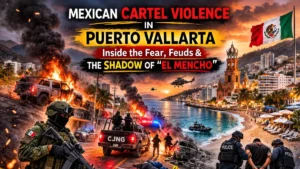 Mexican cartel violence in Puerto Vallarta showing armed security forces, burning vehicles, smoke over the coastal city skyline, and visible tension in tourist areas during cartel conflict.