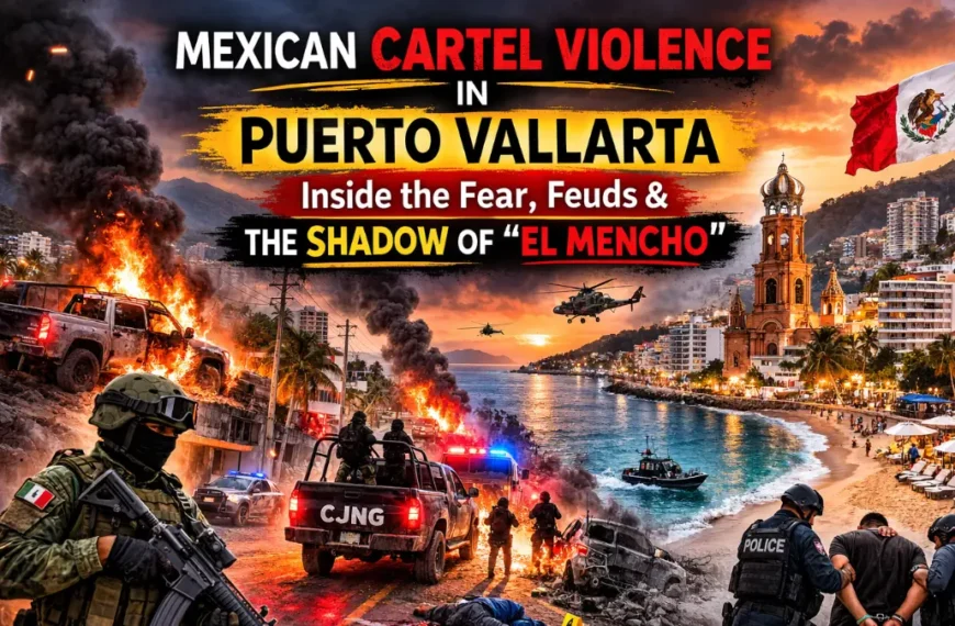 Mexican cartel violence in Puerto Vallarta showing armed security forces, burning vehicles, smoke over the coastal city skyline, and visible tension in tourist areas during cartel conflict.