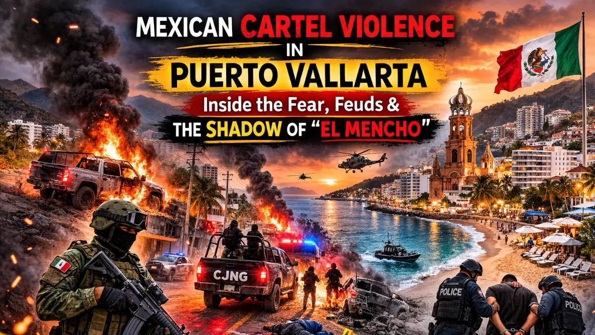 Mexican cartel violence in Puerto Vallarta showing armed security forces, burning vehicles, smoke over the coastal city skyline, and visible tension in tourist areas during cartel conflict.