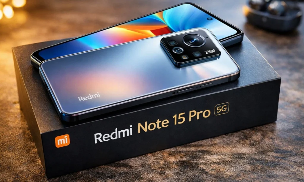 Redmi Note 15 Pro 5G placed on retail box showing 200MP camera module and premium design