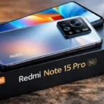 Redmi Note 15 Pro 5G placed on retail box showing 200MP camera module and premium design