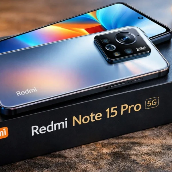 Redmi Note 15 Pro 5G placed on retail box showing 200MP camera module and premium design