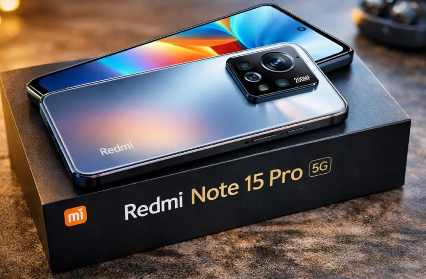 Redmi Note 15 Pro 5G placed on retail box showing 200MP camera module and premium design