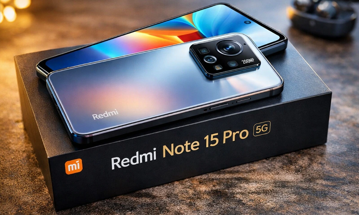Redmi Note 15 Pro 5G placed on retail box showing 200MP camera module and premium design