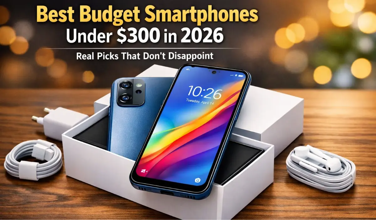 Budget smartphone under $300 for 2026 displayed on its retail box with charger and cable accessories on a wooden table
