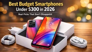 Attractive red gradient budget smartphone under $300 in 2026 placed on open box with charging accessories