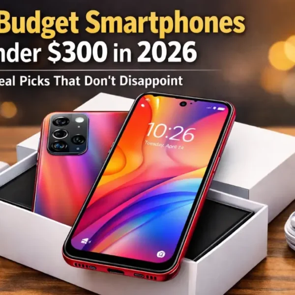 Attractive red gradient budget smartphone under $300 in 2026 placed on open box with charging accessories