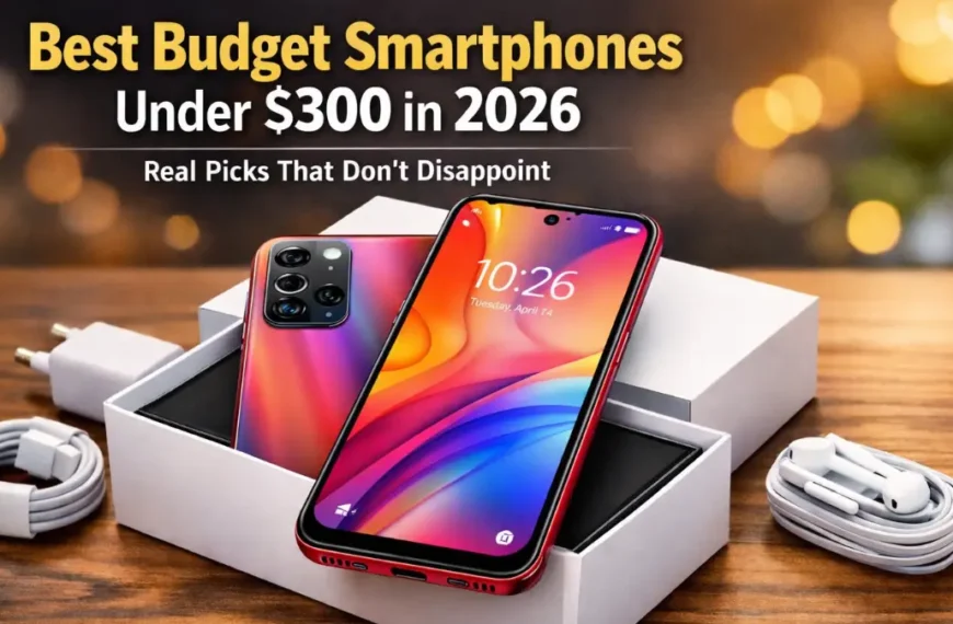 Attractive red gradient budget smartphone under $300 in 2026 placed on open box with charging accessories