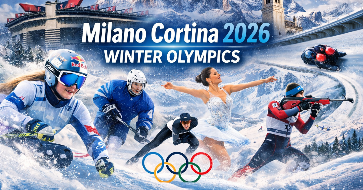 Milano Cortina 2026 Winter Olympics athletes in action including skiing, snowboarding, figure skating, and bobsleigh with San Siro stadium and Dolomite mountains in the background, showcasing Olympic spirit and winter sports excitement