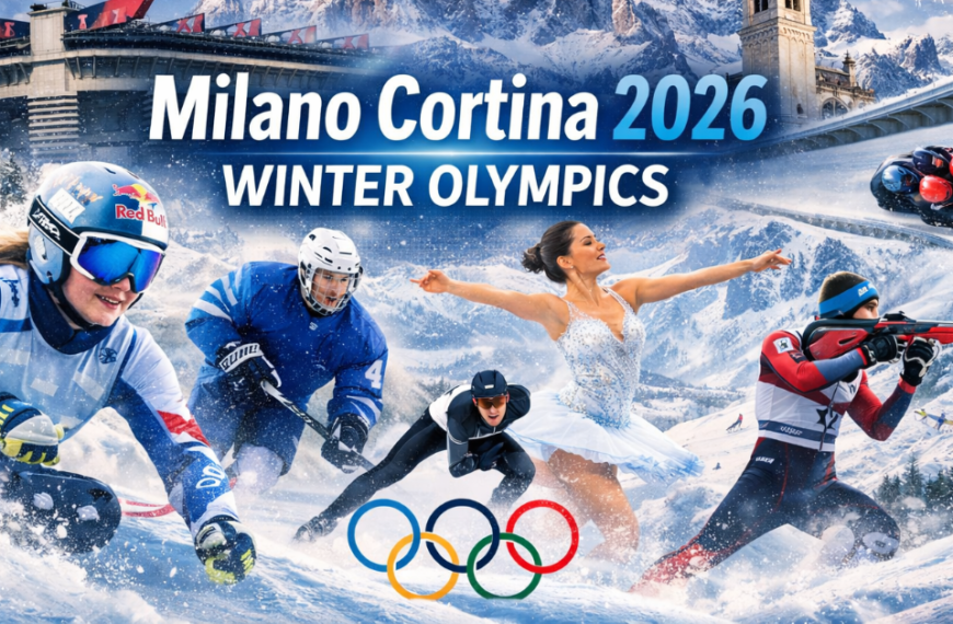 Feature image for Milano Cortina 2026 Winter Olympics showing athletes in skiing, ice skating, snowboarding, and ice hockey, with the Italian Alps and Olympic rings in the background, designed for Google Discover