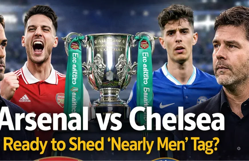 Arsenal players celebrating after defeating Chelsea in the Carabao Cup semi-final at Emirates Stadium