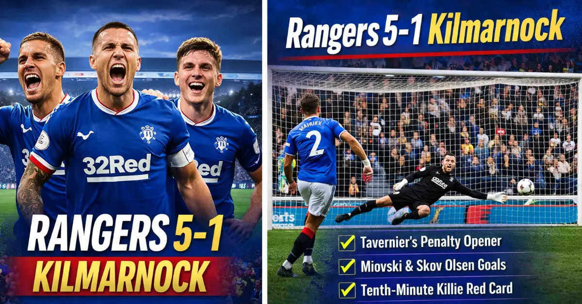 Rangers players celebrating after their 5-1 victory over Kilmarnock at Ibrox Stadium on February 4, 2026, in the Scottish Premiership.